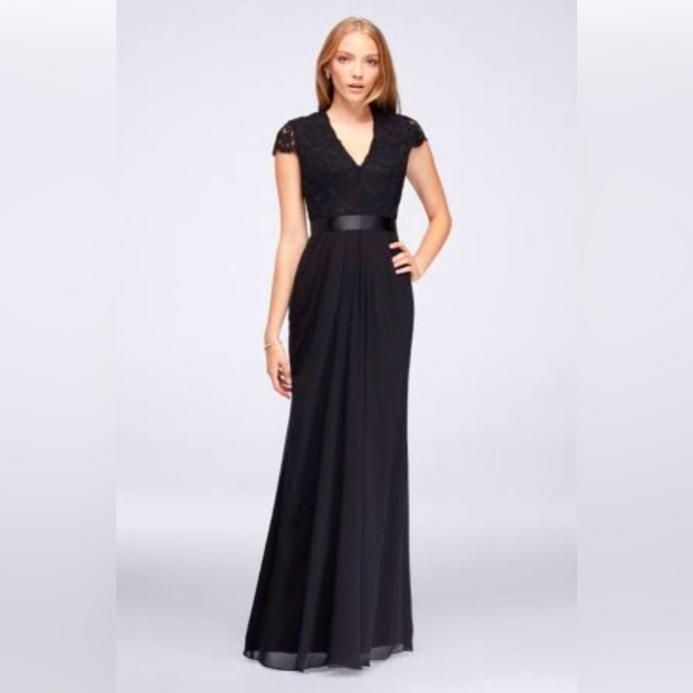 Long Chiffon Dress with Scalloped Lace Bodice